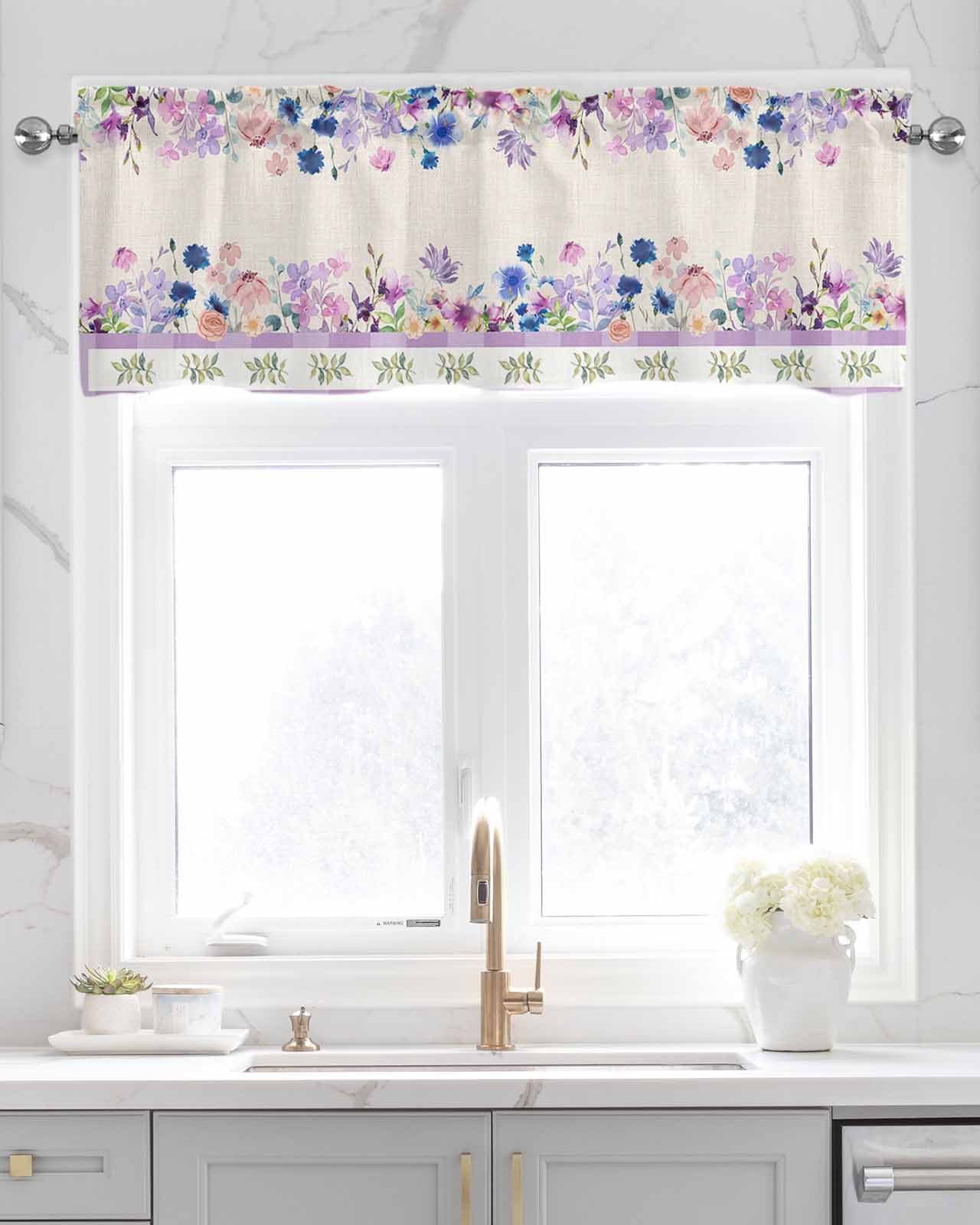 Purple Blue Flowers Linen Curtain Valance for Bedroom/Bathroom/Kitchen/Office/Living/Dining Room Window,Elegant Spring Floral Botanical Rustic Rod Pocket Topper Decorative Cafe Drapes Panel 54"x18"