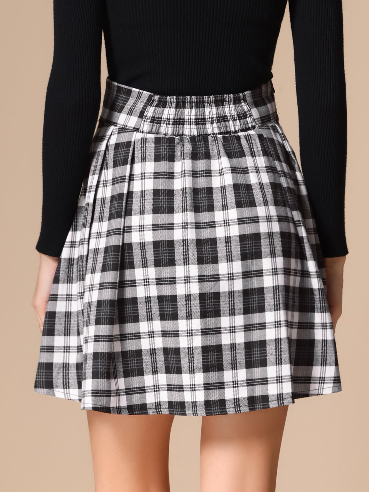 DARING DIVA Women's Plaid Tartan A-Line Buffalo Pleated Skirts M Black White