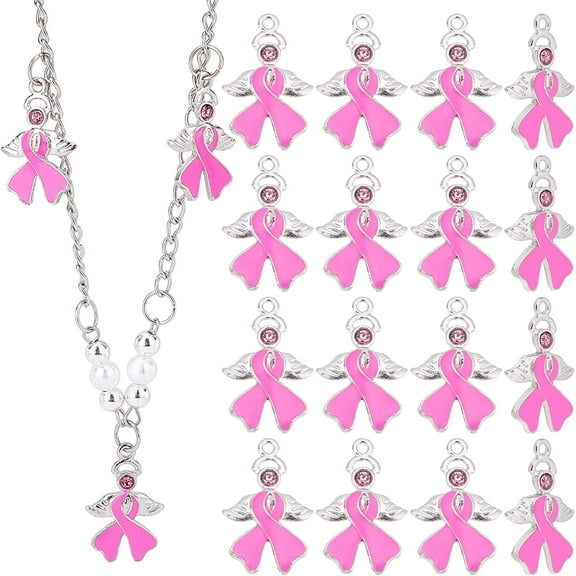 20pcs Pink Ribbon Awareness Charms with Angel Wing Breast Cancer Awareness Ribbon Enamel Pendant Charms for Breast Cancer Ribbons Lapels Women Necklace Bracelet Crafts DIY