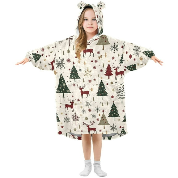 joogoo Wearable Blanket Hoodie for Christmas Reindeer Trees Oversized Sherpa Hooded 3-14 YR M