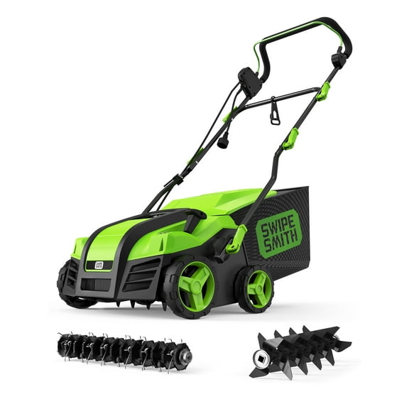 SWIPESMITH 16” 15 Amp Electric Dethatcher Scarifier, Lawn with 5-Position Depth Adjustment, 14.5 Gal Removable Thatch Collection Bag, Quick-Fold, Keeps Health