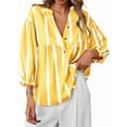 thumbnail image 2 of Womens Puff Sleeve Babydoll Tops Summer V Neck Striped Blouse Cute Casual Loose Fit Flowy Shirts Yellow L, 2 of 9