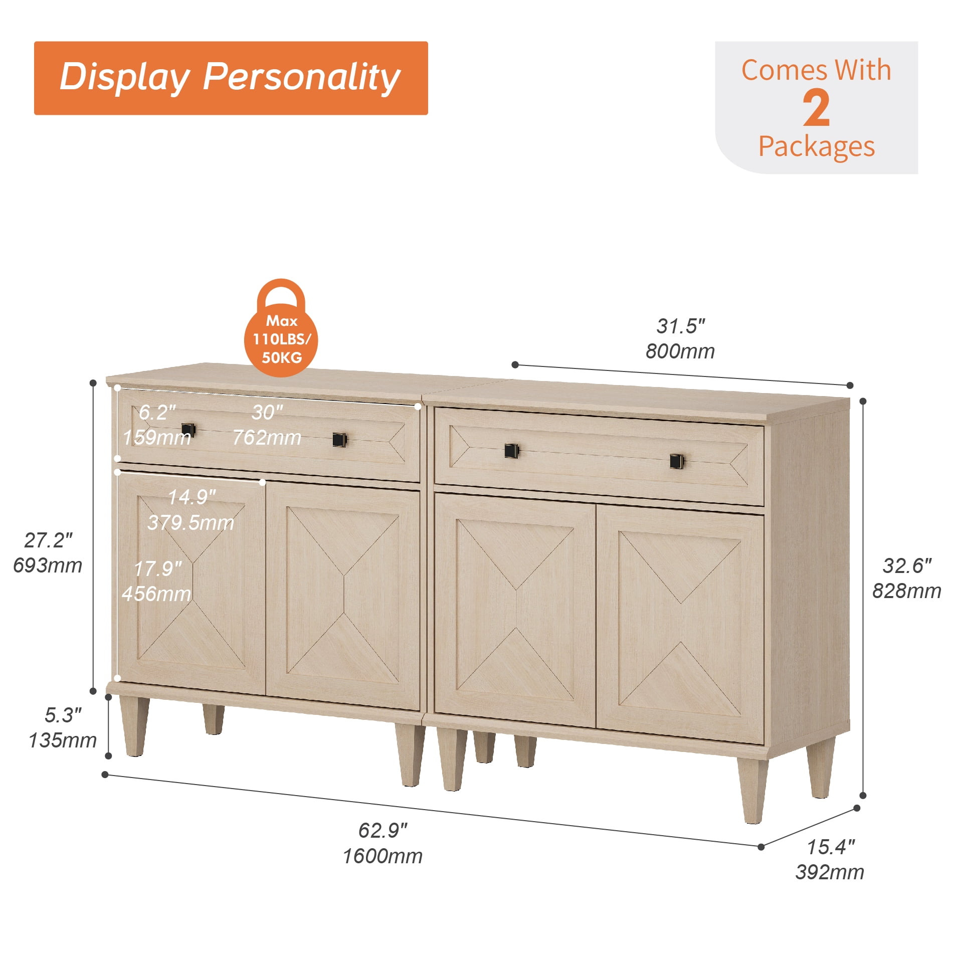 WAMPAT Handmade Patchwork 63" TV Stand with Cabinet, Fits up to 70" TV, Beige
