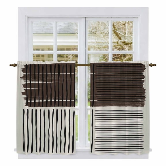 Black Striped Kitchen Curtain for Berdoom Living Room Cafe 45 Inch Length, Farmhouse Stripes Modern Abstract Art Tiers Curtains Light Filtering Drapes Rod Pocket Window Treatment 2 Panels 52"Wx45"L