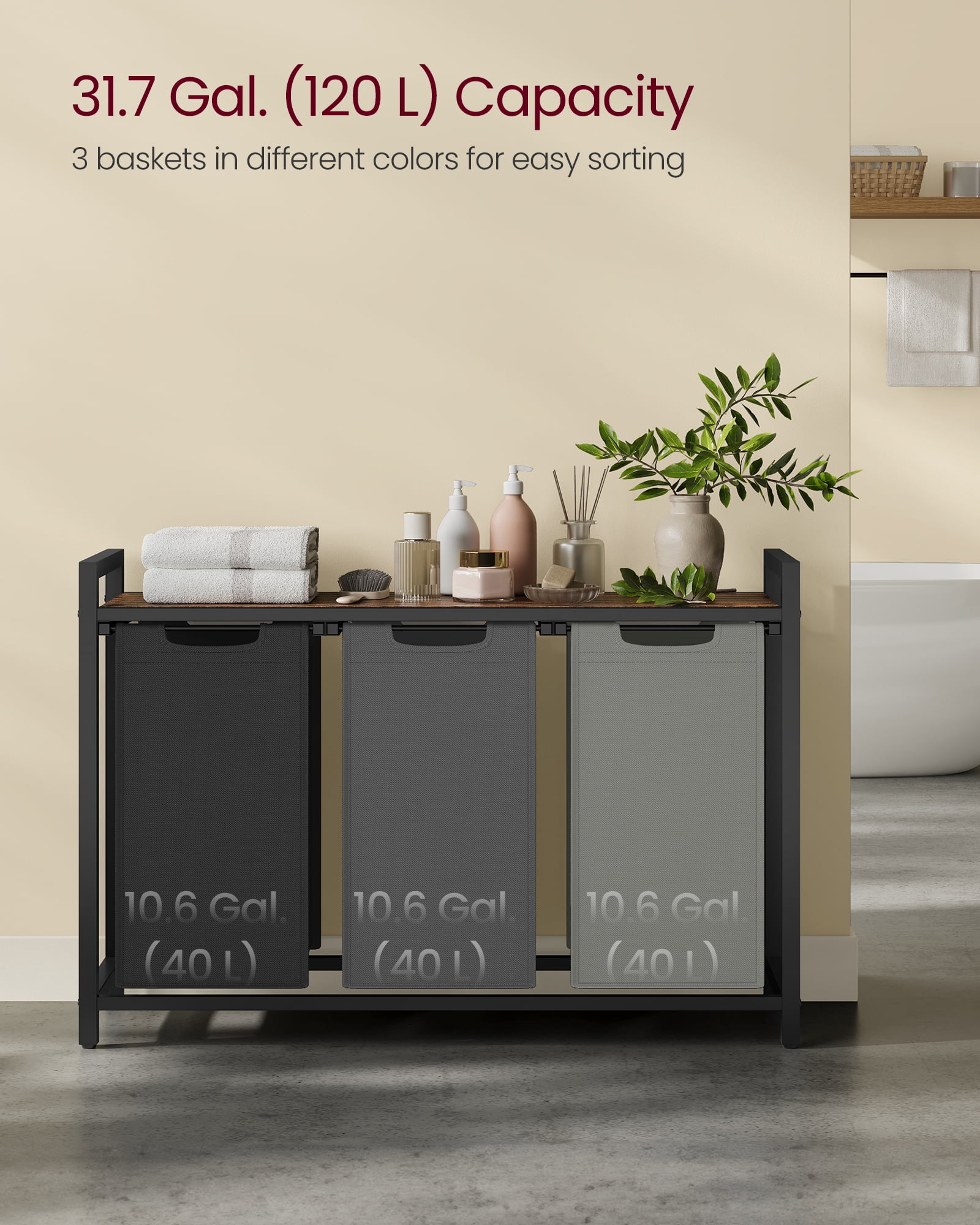3-Compartment Laundry Hamper Sorter with Removable Bags, Pull-Out Liners, Ventilated Shelf & Sturdy Metal Frame – 31.7 Gallons Capacity, Rustic Brown