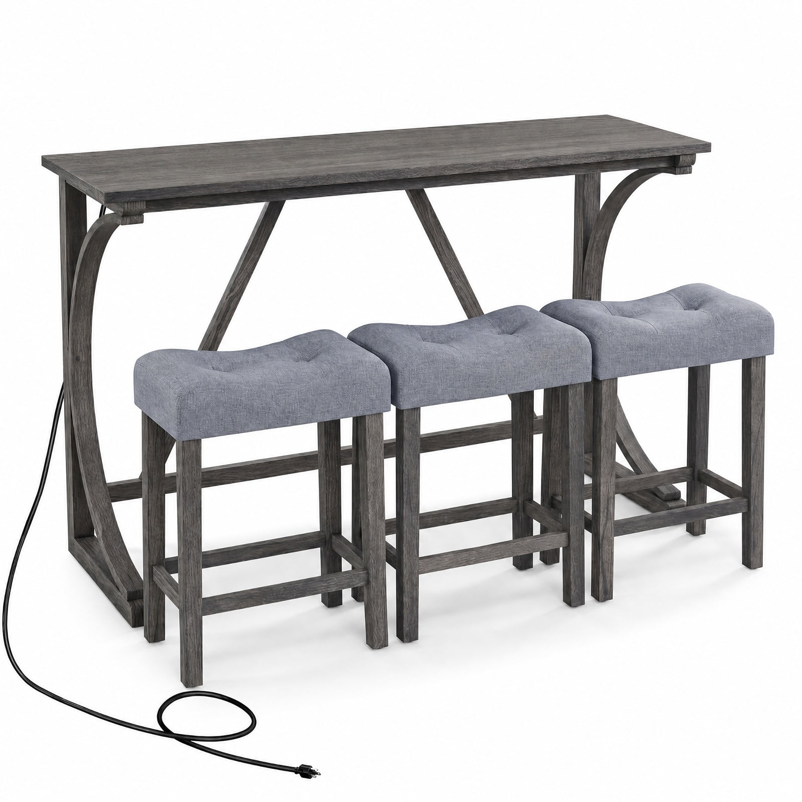 Furnibear 4 Piece Bar Table Set with Power Outlet USB Port and Upholstered Saddle Seat Stools