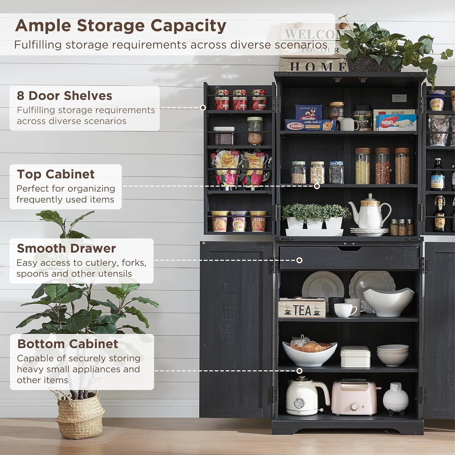 ACCOHOHO 72" Tall Kitchen Pantry, Farmhouse Storage Cabinet with Barn Doors, Drawer and Adjustable Shelves, Rustic Wood Cupboard for Kitchen, Dining Room, Bathroom, Black