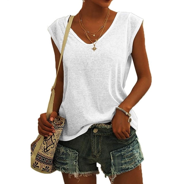 Pisexur Womens Cap Sleeve Blouses T-Shirt Casual Loose Fit Basic Shirts Tank Tops
