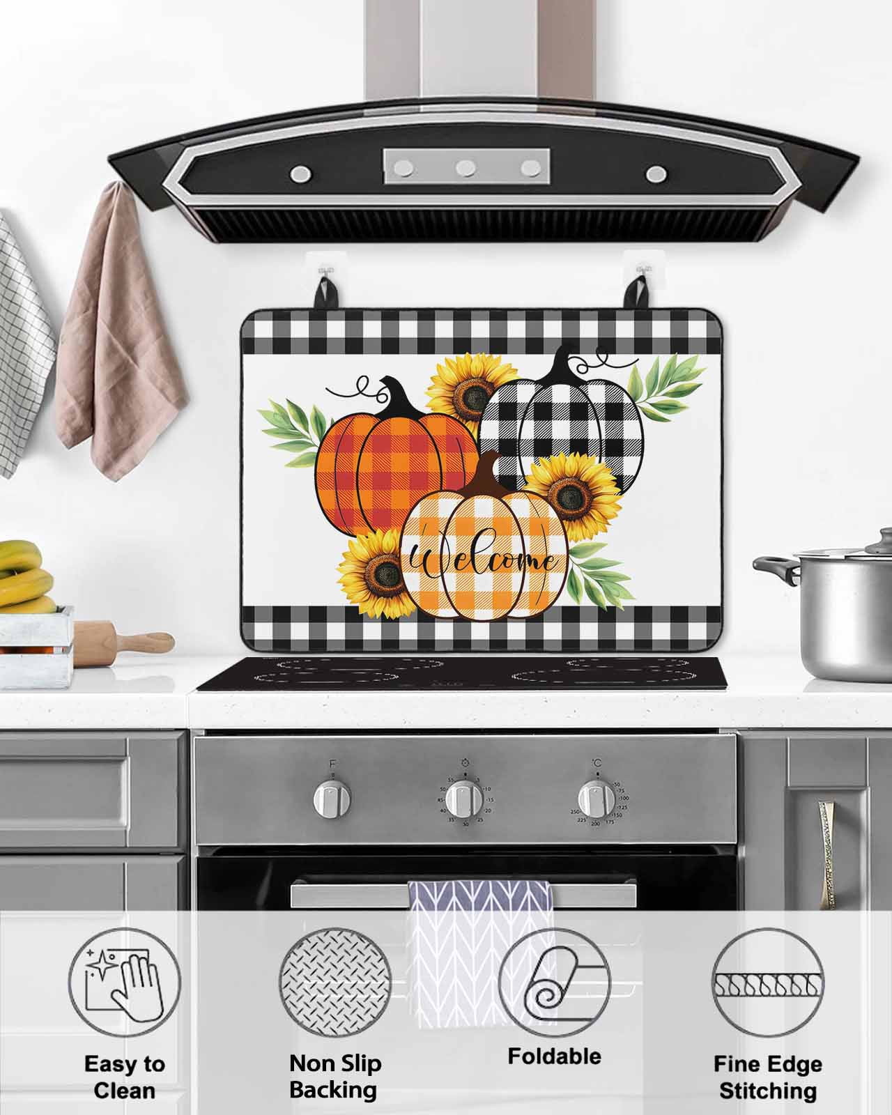 Large Induction Cooktop Protector Mat Thanksgiving Stove Top Covers for Electric Stove, Fall Orange Black Plaid Pumpkin Sunflower Decorative Stove Burner Cover Mats, Glass Top Stove Cover