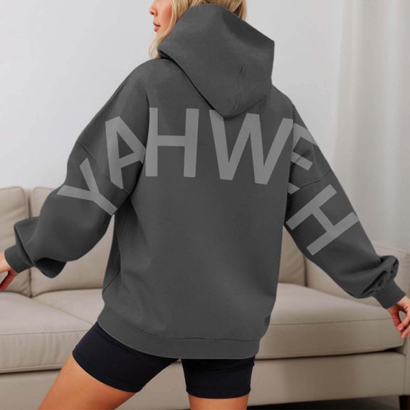 Tawop Women Printed Long Sleeve Loose Pocket Fall and Winter Pullover Hooded Sweatshirt Dark Gray