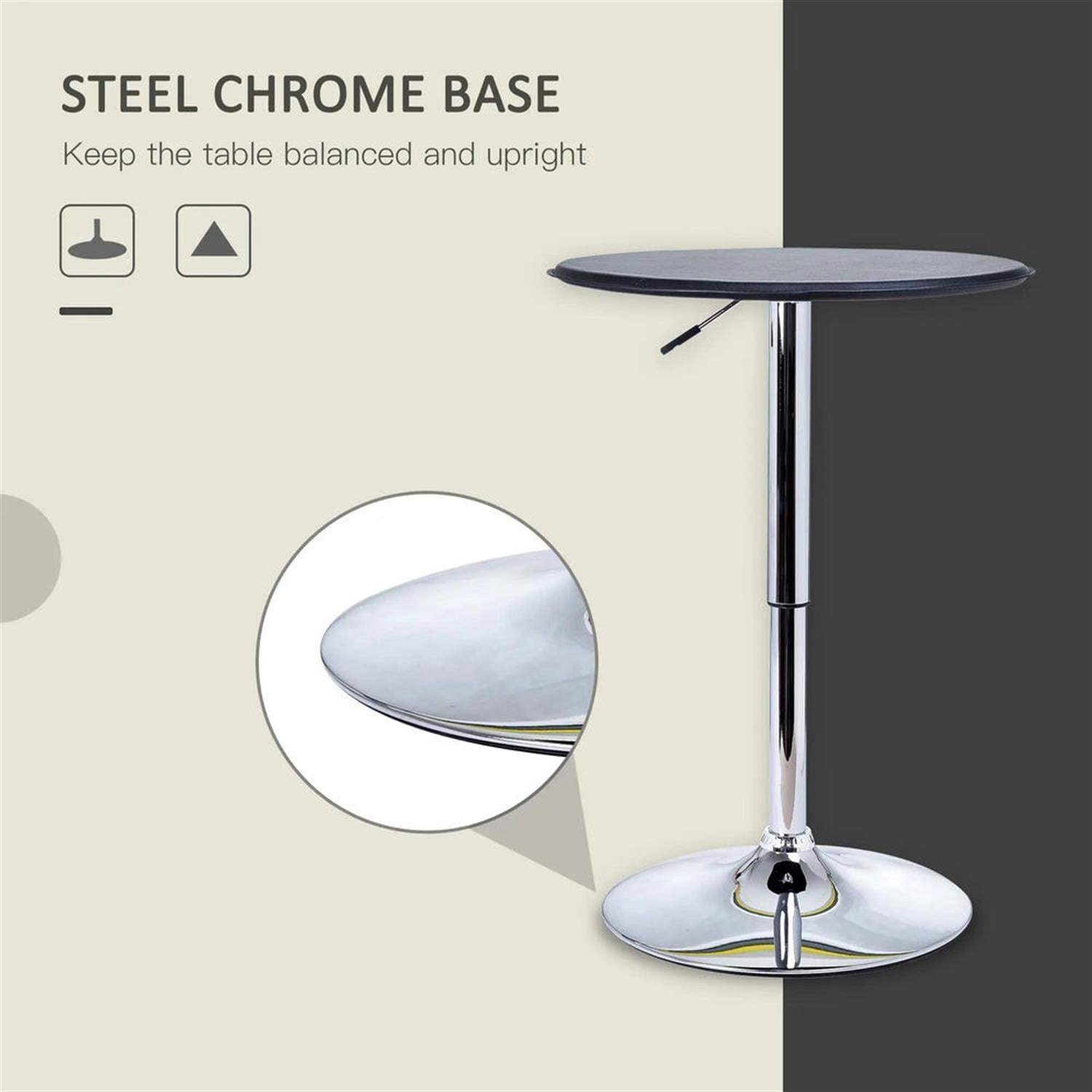 Demi Bonn 36" Outdoor Bistro Tables Faux Leather Chrome Round Pub Table Adjustable Height Cocktail Table Metal Base, Black