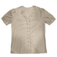 thumbnail image 3 of Duojiaj Lace Trim V Neck Puff Sleeve Button Down Blouses Dressy Summer Tees Shirts For Work Casual Women's T-Shirts, 3 of 3