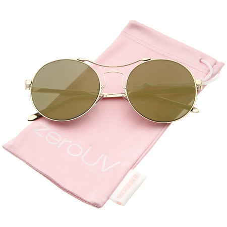 zeroUV - Modern Thin Metal Frame Curved Brow Bar Colored Mirror Flat Lens Round Sunglasses - 55mm