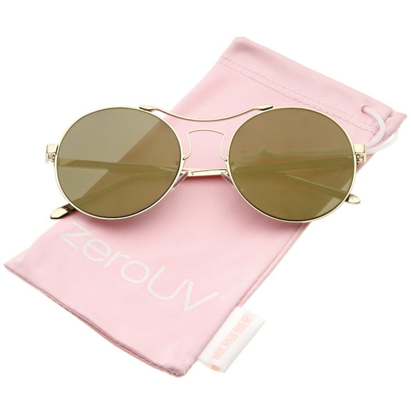 zeroUV Unisex Modern Thin Metal Frame Curved Brow Bar Colored Mirror Flat Lens Round Sunglasses (Gold / Gold Mirror) - 55mm