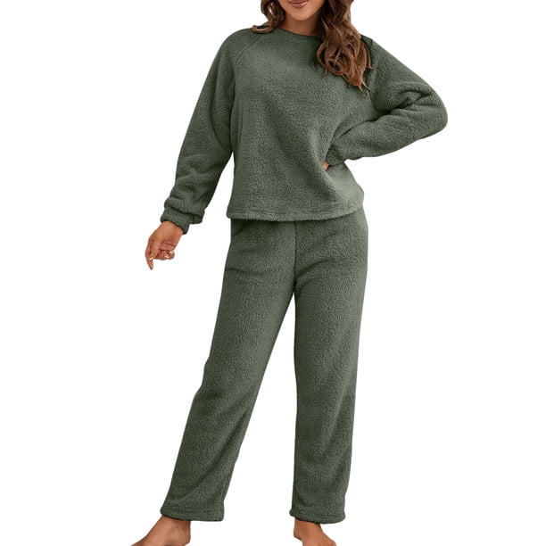 Conjunto de jersey de felpa de invierno para mujer: top de manga larga y pantalones de 2 piezas, pijama de punto de color liso (tallas asiáticas)