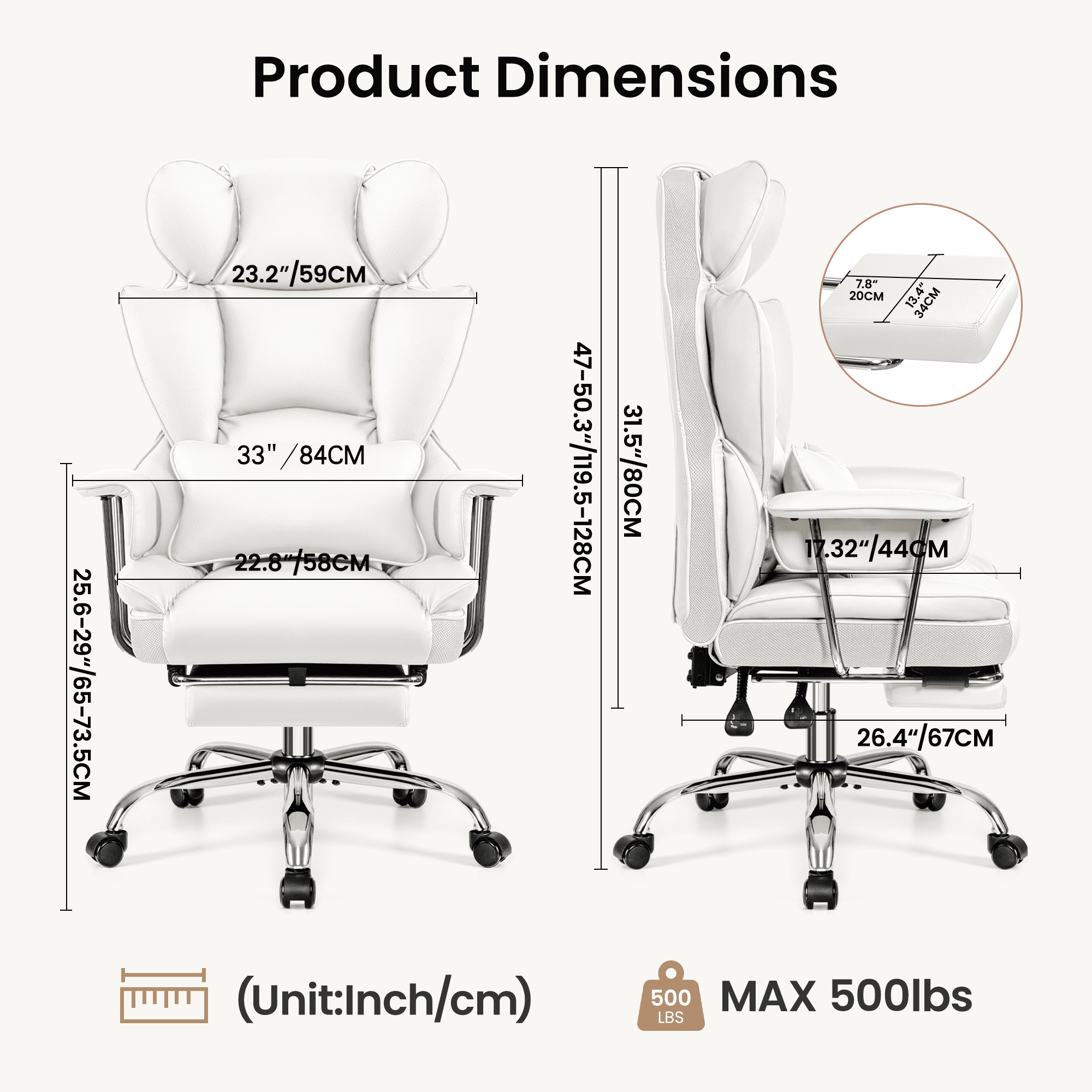 Primy High Back Office Chair, Big and Tall PU Leather Executive Chair with Footrest – Ergonomic Reclining Computer Desk Chair, High-Density Foam, Heavy Duty Swivel Rolling Chair, White