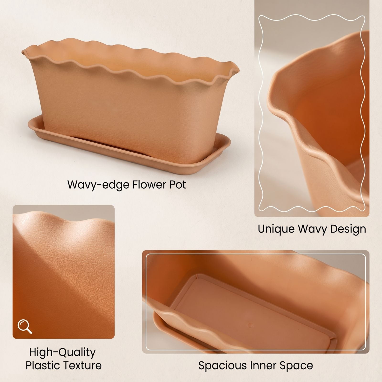 Window Box Planter Wavy Edge Light Brown Medium 1 Pack For Patio Vegetables Flower Planting