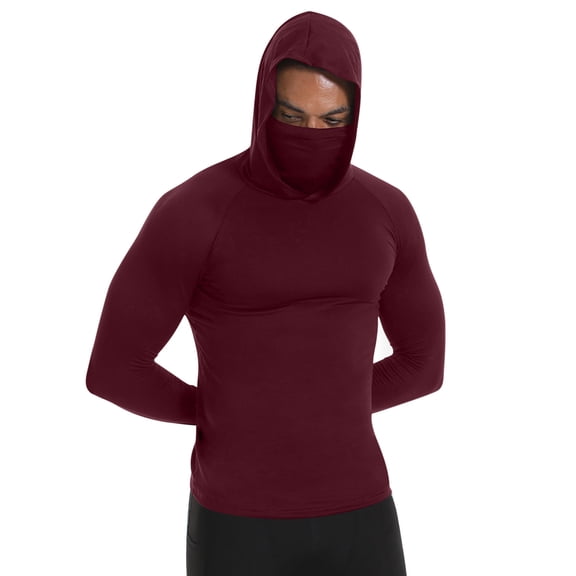 YLSDY Fashion Mens Compression Thermal Shirts Hoodie with Mask Long Sleeve Winter Sports Base Layer Top Active Running Sun Shirt Wine L