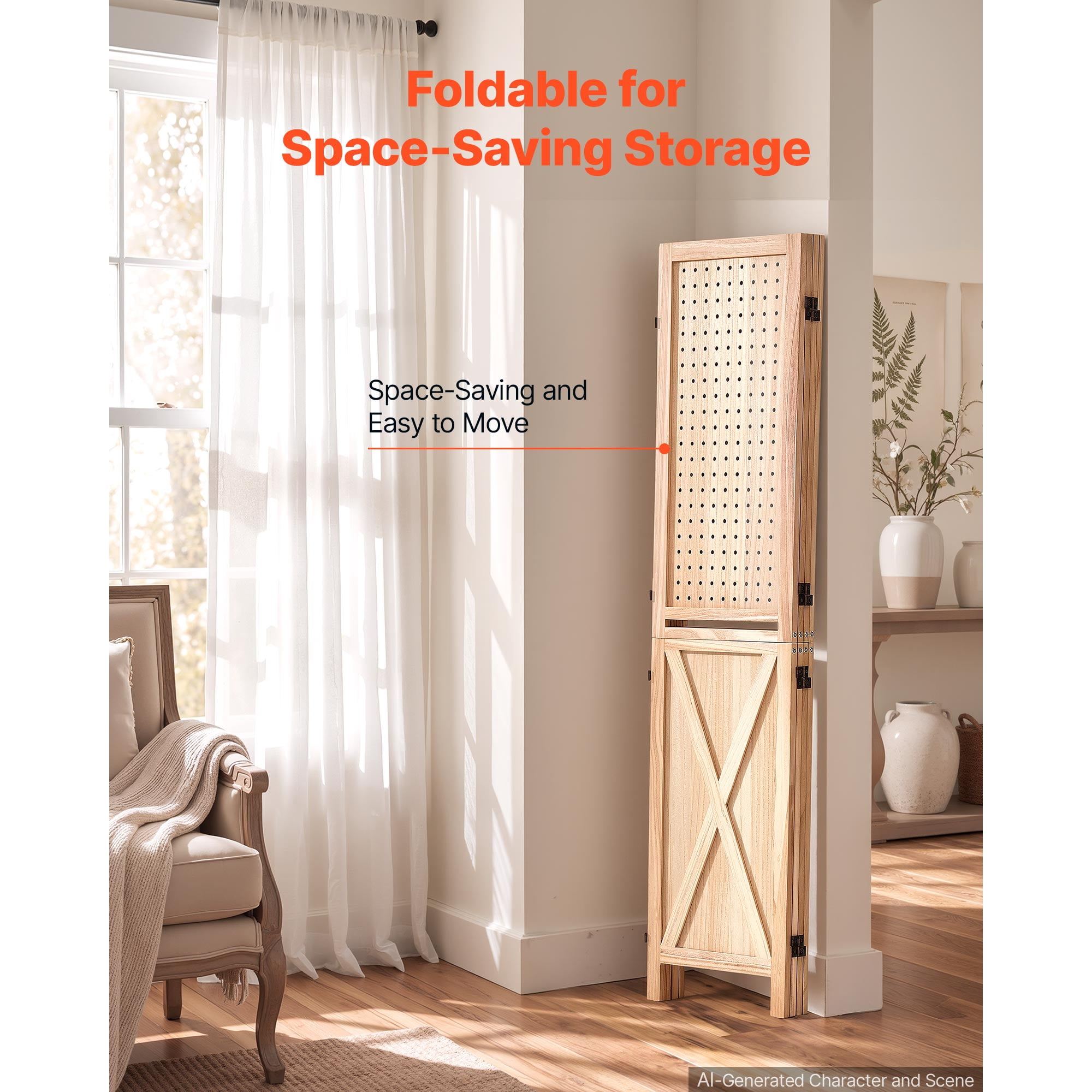 KFFKFF Wooden Room Divider Pegboard Folding Privacy Screen with Shelves, Ideal for Room Separation and Home Decoration, 4 Panels, Sturdy Frame with X Design, 360° Dual-Directional Hinges