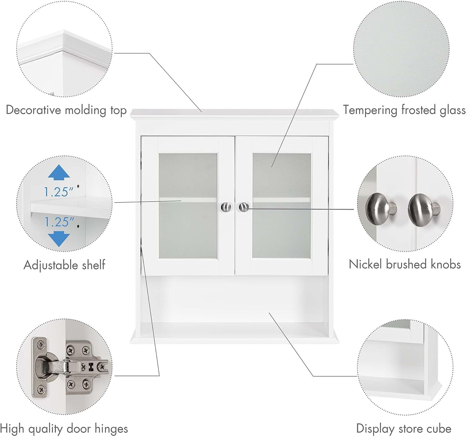 Spirich Elegant Bath Storage Organizer Wall Mounted Cabinet with Transparent Glass Doors, Adjustable Shelves, White