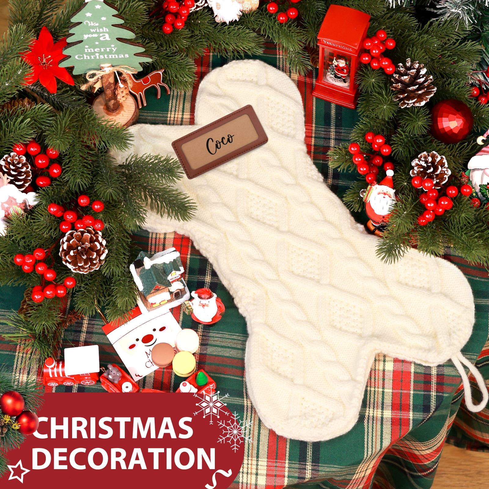 Ayieyill 18" Dog Christmas Stocking, Bone Shape Stocking Christmas for Dog, Large Pet Stockings Hanging Christmas Decorations (White)