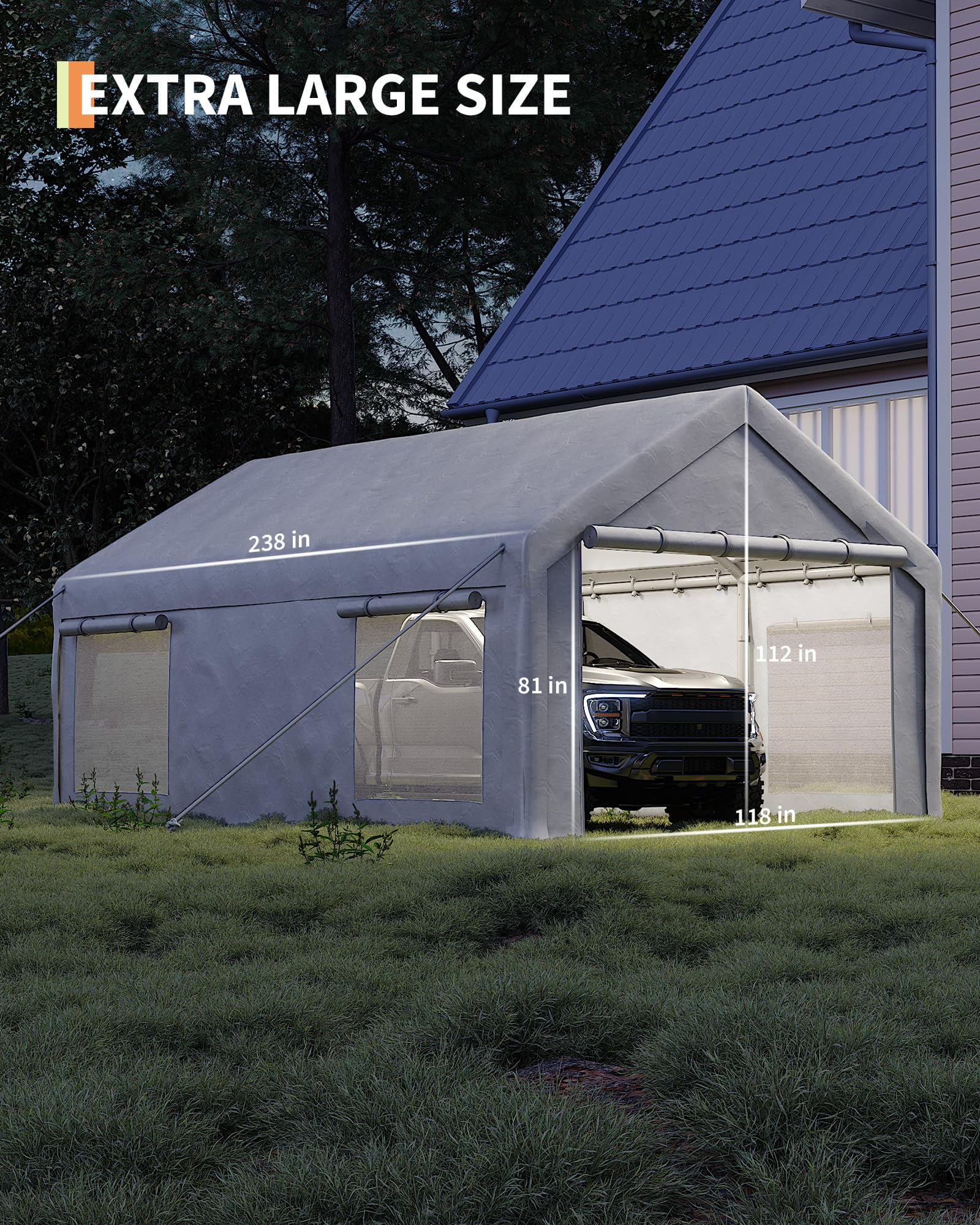 2PCS 10x20 ft Portable Garage Carport, Heavy-Duty 200g PE Tarp with 2 Roll-up Doors & 4 Windows, White Waterproof Shelter for Paint Booth, Boat, Pickup & Event