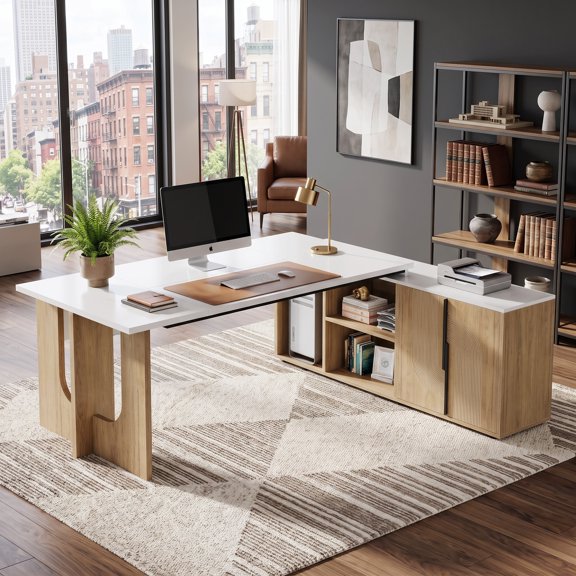 Fnova 74" Large L-Shaped Executive Desk with Storage Cabinet Shelves, Modern Office Desk Writing Desk with Privacy Baffle, Workstation for Home and Office