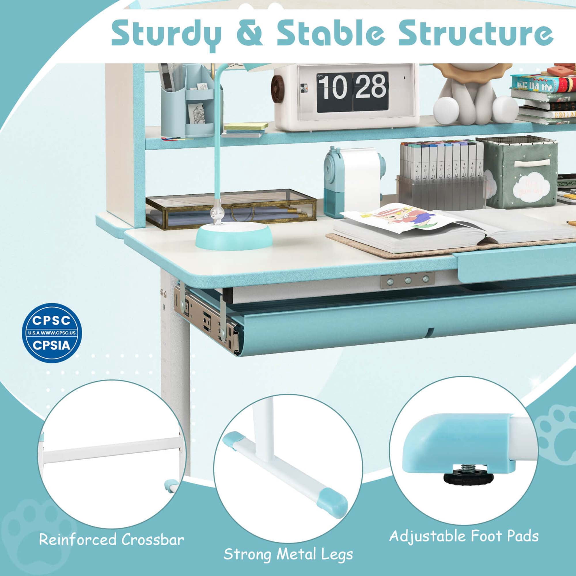 Costway Kids Study Desk with 7-Level Tiltable Desktop Adjustable Height Pull Out Drawer Blue