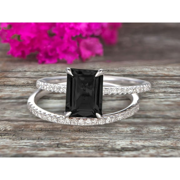 2 Carat Surprisingly Black Diamond Moissanite Engagement Ring On 10k White Gold Bridal Set 7x5mm Emerald Cut Thin Pave Stacking Band Art Deco