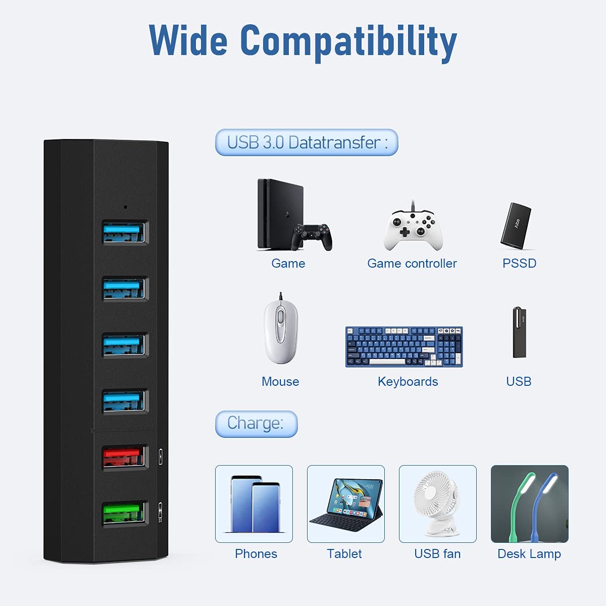 HRTGFD-USB Hub, 6 Ports Super High Speed USB 3.0 Hub Splitter + 24W Power Adapter + USB 3.0 Cable, Black Smart Fast Charger Powered USB Hub for Laptop, Mac, PC, Mobile HDD, Mulitple Devices