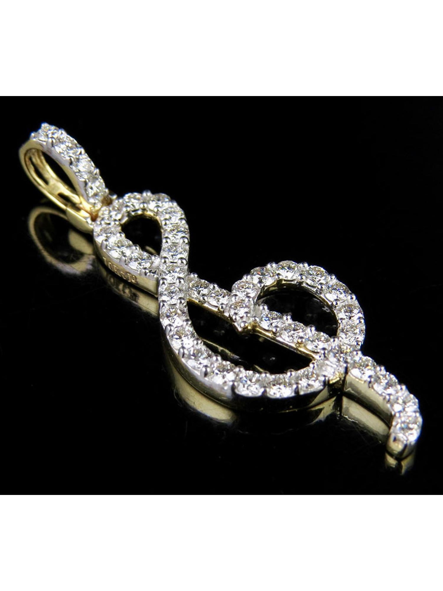 10K Yellow Gold G Treble Clef Musical Note Real Diamond Pendant 1 1/5 Ct. 1.5"