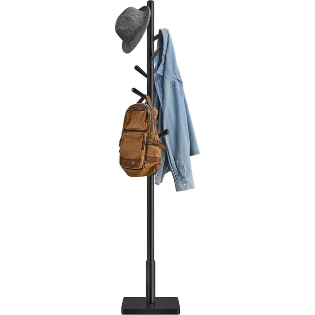 VASAGLE 8 Hooks Solid Wood Coat Rack Wood Hall Tree Coat Rack Stand with Stable Square Base 3 Height Options Office Ink Black