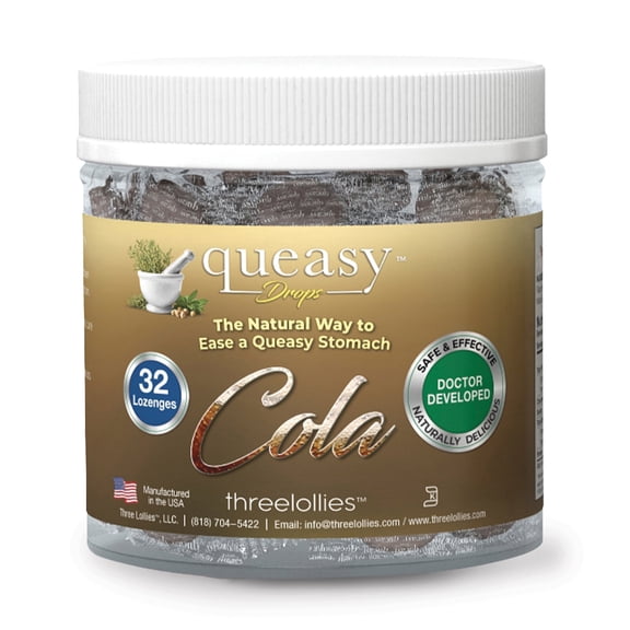 Three Lollies Queasy Drops - Cola Flavor - Relief from Nausea & Travel Sickness, Soothes a Dry Mouth & Settles Stomach - Natural Ingredients - 32 ct