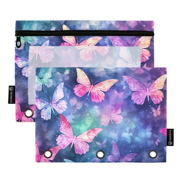 2 Pack Pencil Pouch for 3 Ring Binder Abstract Butterfly Pencil Case Clear Window Zipper Pencil Bag Organizers