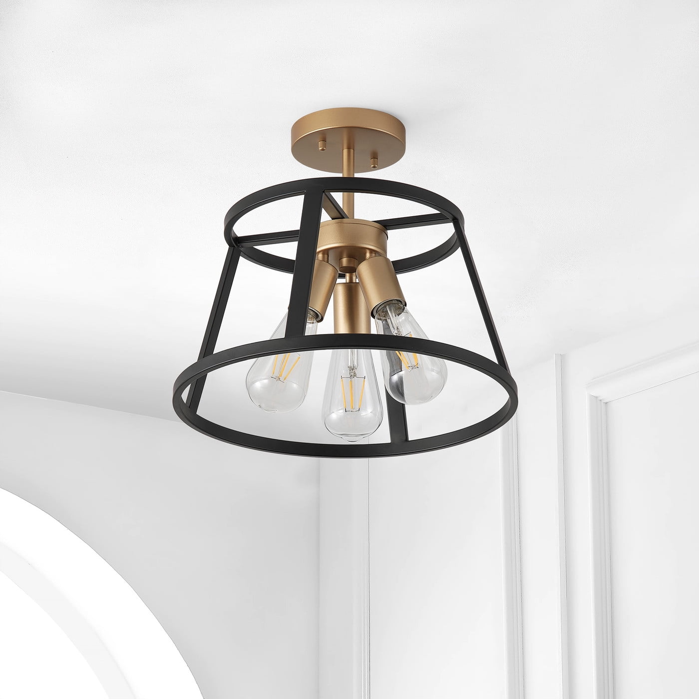 Modern Industrial Semi Flush Mount Ceiling Lighting, Retro Black Gold Close to Ceiling Light Fixture, 4-Light Metal Square Ceiling Light