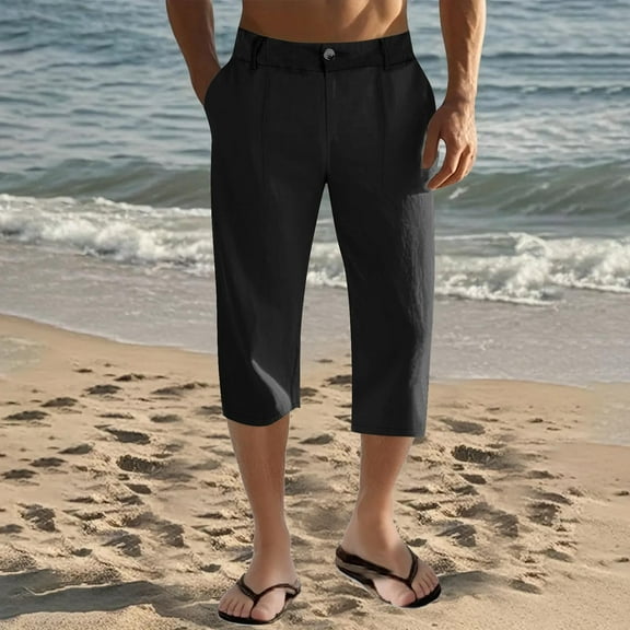 LADIGASU Men's Elastic Waist Breathable Comfortable Soft Beach Casual 3/4 Pants
