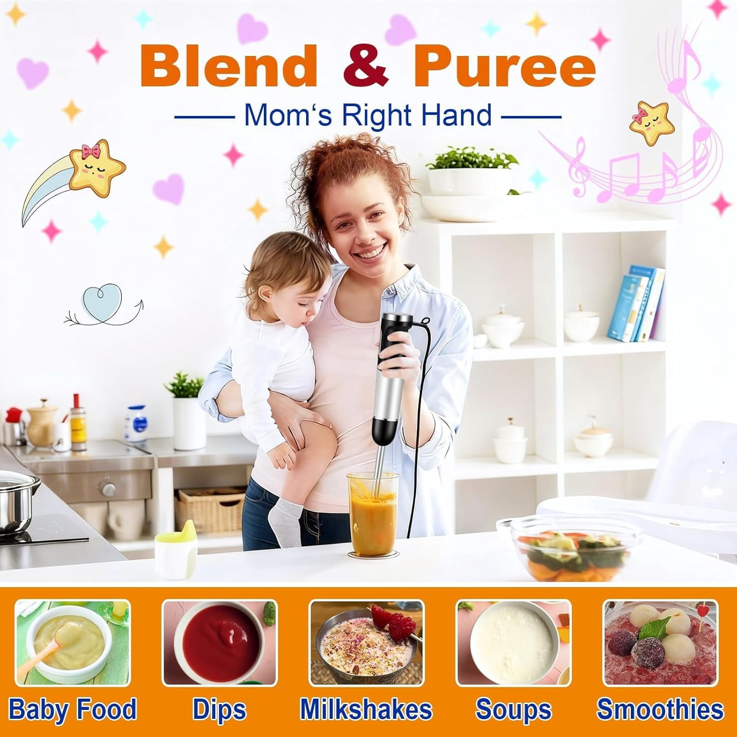 Upgraded 1100W 5-in-1 Immersion Hand Blender with 30 Speed Settings and Milk Frother