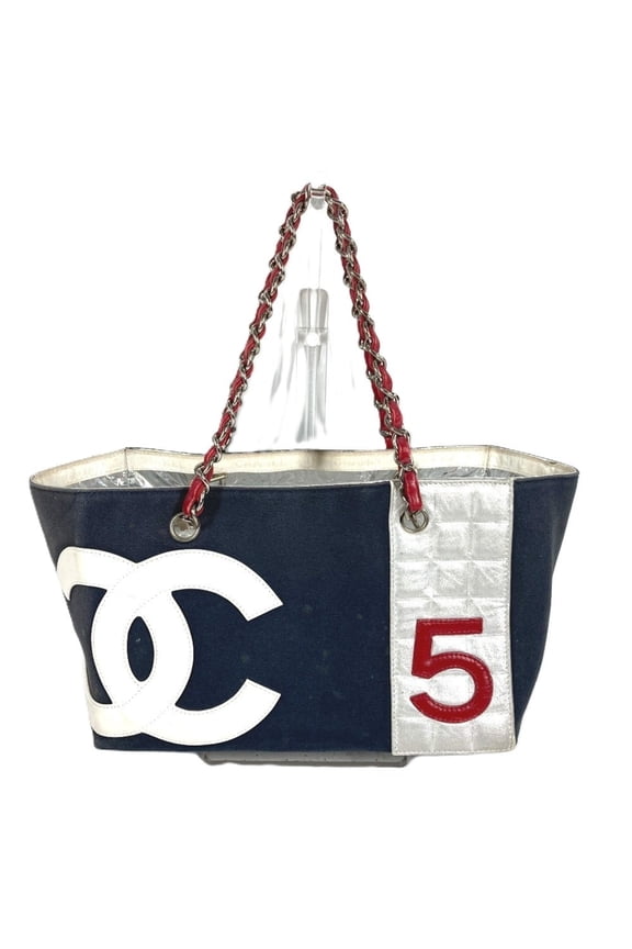 Pre-Owned CHANEL No. 5 Logo CC Coco Mark Tote Bag Shoulder Double Chain Leather Canvas Men's...