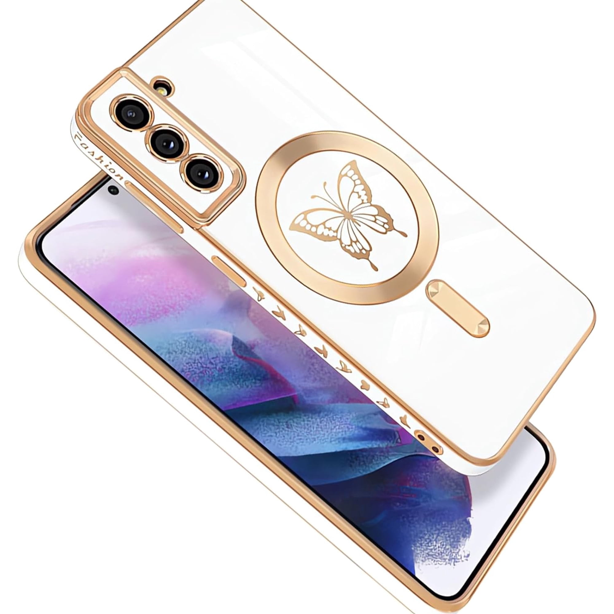 for Samsung Galaxy S21 5G Phone Case Luxury Plating Cute Butterfly Small Pattern Case [Strong Magesafe Metal Plate] Full Camera Protection Soft Silicone Shockproof Bumper Cover (White)