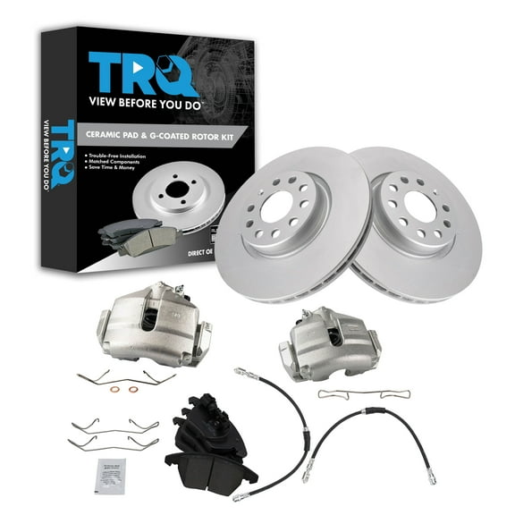 TRQ Front Brake Pad & Rotor Kit Brake Caliper Brake Hose Brake Pads Brake Rotor Ceramic Premium G-Coated Fits Select 2010 Audi A3 2008-2013 Volkswagen GTI 2009-2010 Jetta