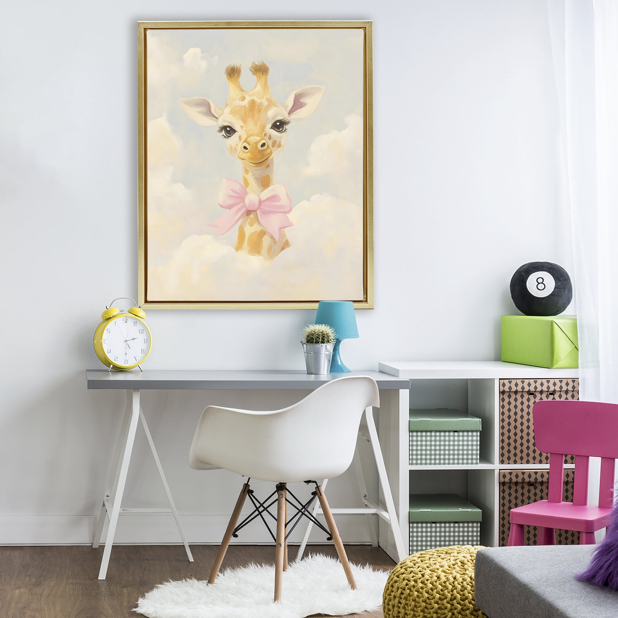 Stupell Industries Charming Giraffe In The Clouds Gold Framed Floater Canvas Wall Art, design by The Prints Vibe