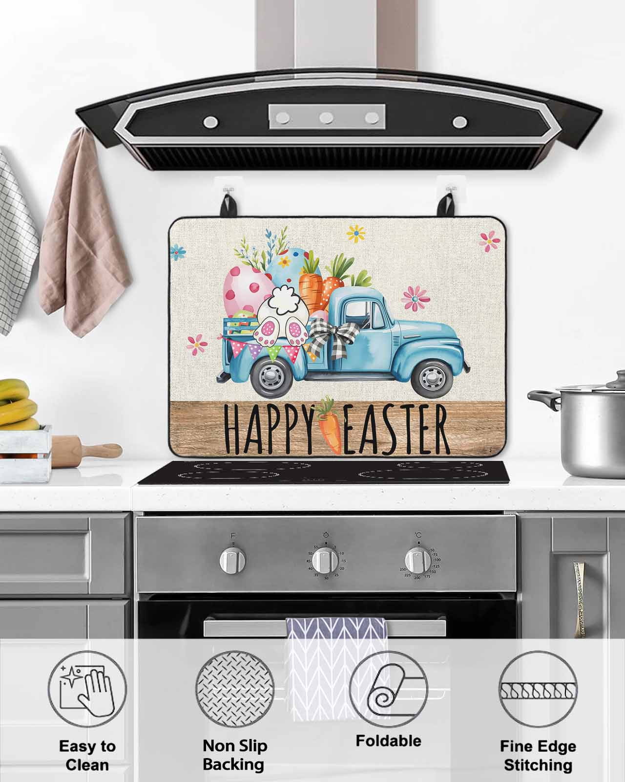 Large Induction Cooktop Protector Mat Easter Stove Top Covers for Electric Stove, Blue Truck Eggs Bunny Vintage Art Decorative Stove Burner Cover Mats, Glass Top Stove Cover