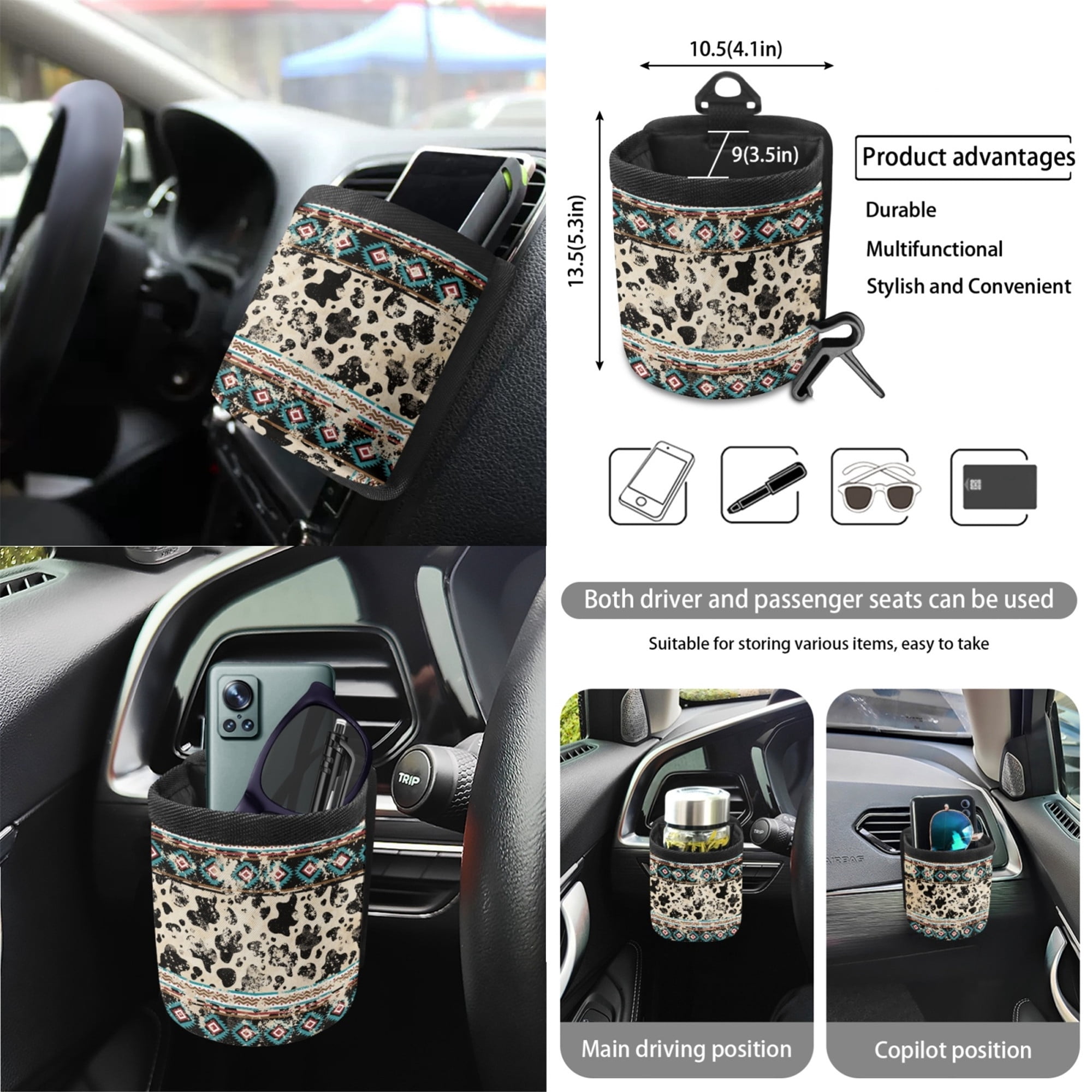 Yuyamidu Aztec Ethnic Car Seat Cover Set of 15 Cow Print Steering Wheel Cover Seat Belt Strap Pads Cup Coasters Trash Bag Air Vent Storage Bag Rearview Mirror Cover Keychain Auto Accessories