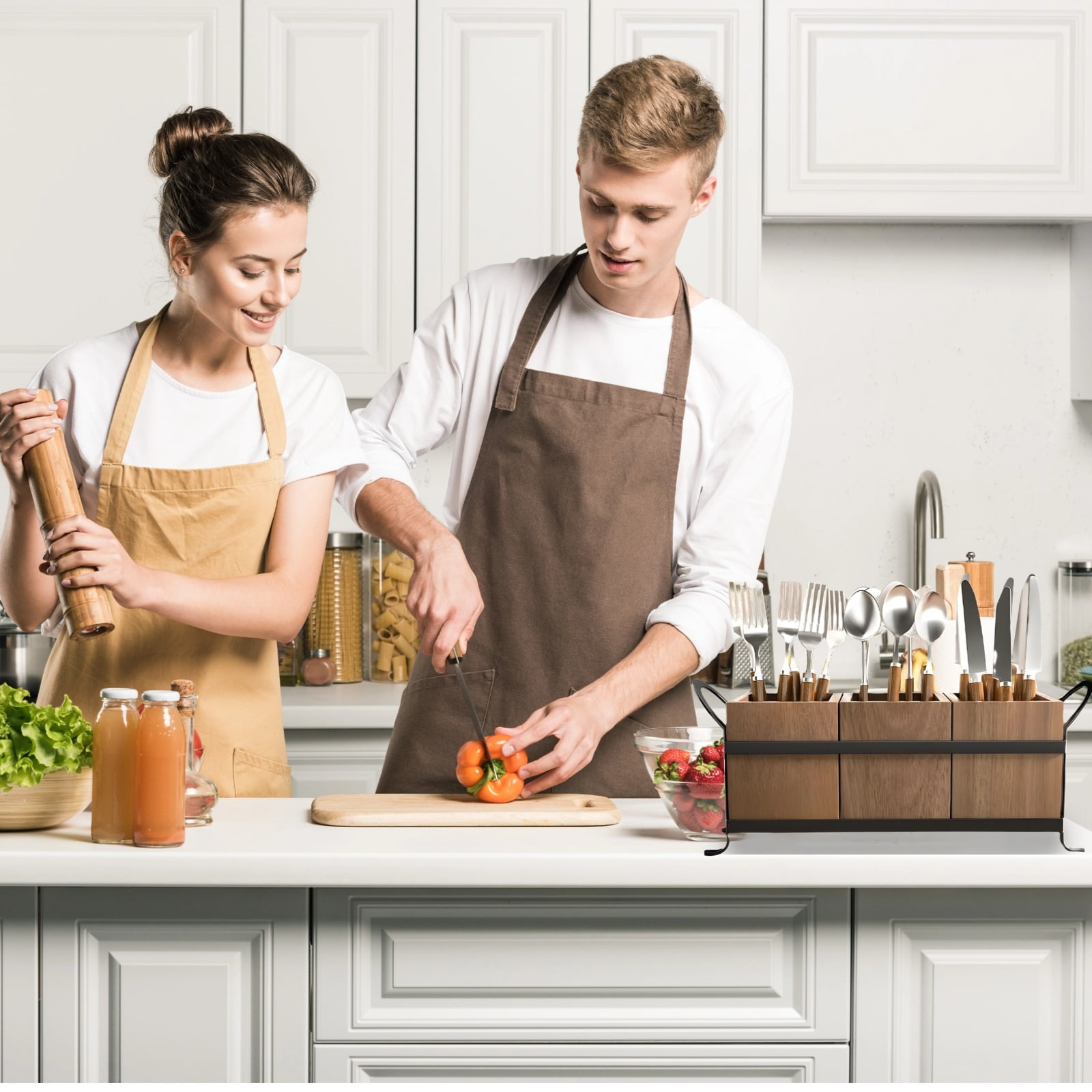 3‑Compartment Wooden Utensil Caddy with Metal Frame – Silverware & Cutlery Holder for Kitchen Countertop, Farmhouse Style, Detachable Box for Easy Cleaning