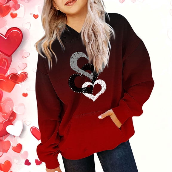 Kctiaxy Red Graphic Hoodies for Girls Boys Casual Crewneck Hooded Sweatshirts Fleece Long Sleeve Love Heart Print Graphic Tops with Pocket 13-14 Years