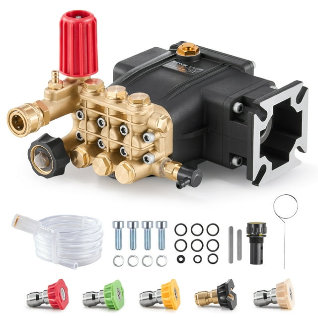 VEVOR Pressure Washer Pump with a 3/4-inch horizontal shaft and triplex plunger design, delivering 3300 PSI and 2.5 GPM. Designed for outdoor power equipment, it features durable copper and aluminum construction, a pressure regulator, and an oil sight glass for easy maintenance. Includes five nozzles, siphon tube with filter, cleaning pin, flat keys, spring washers, hex bolts, oil level gauge, and O-rings for versatile pressure washer attachments.