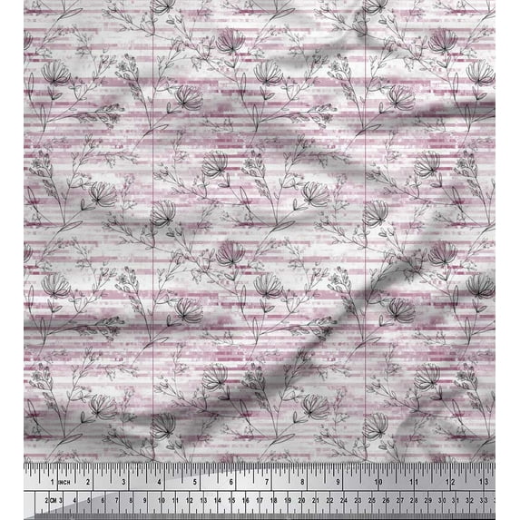 Soimoi Purple Poly Georgette Fabric Stripe Line & Clover Floral Printed Fabric 1 Yard 52 Inch Wide