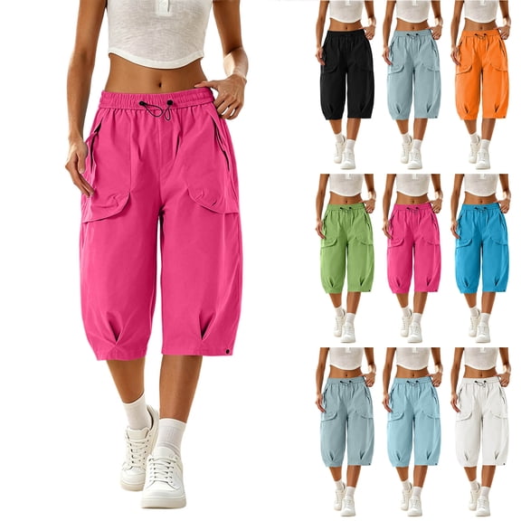 Bloomae Womens Hiking Capri Pants Lightweight Quick Dry Casual Fall Adjustable Drawstring Elastic Waist Baggy Ruched Hem Cropped Trousers with Pockets