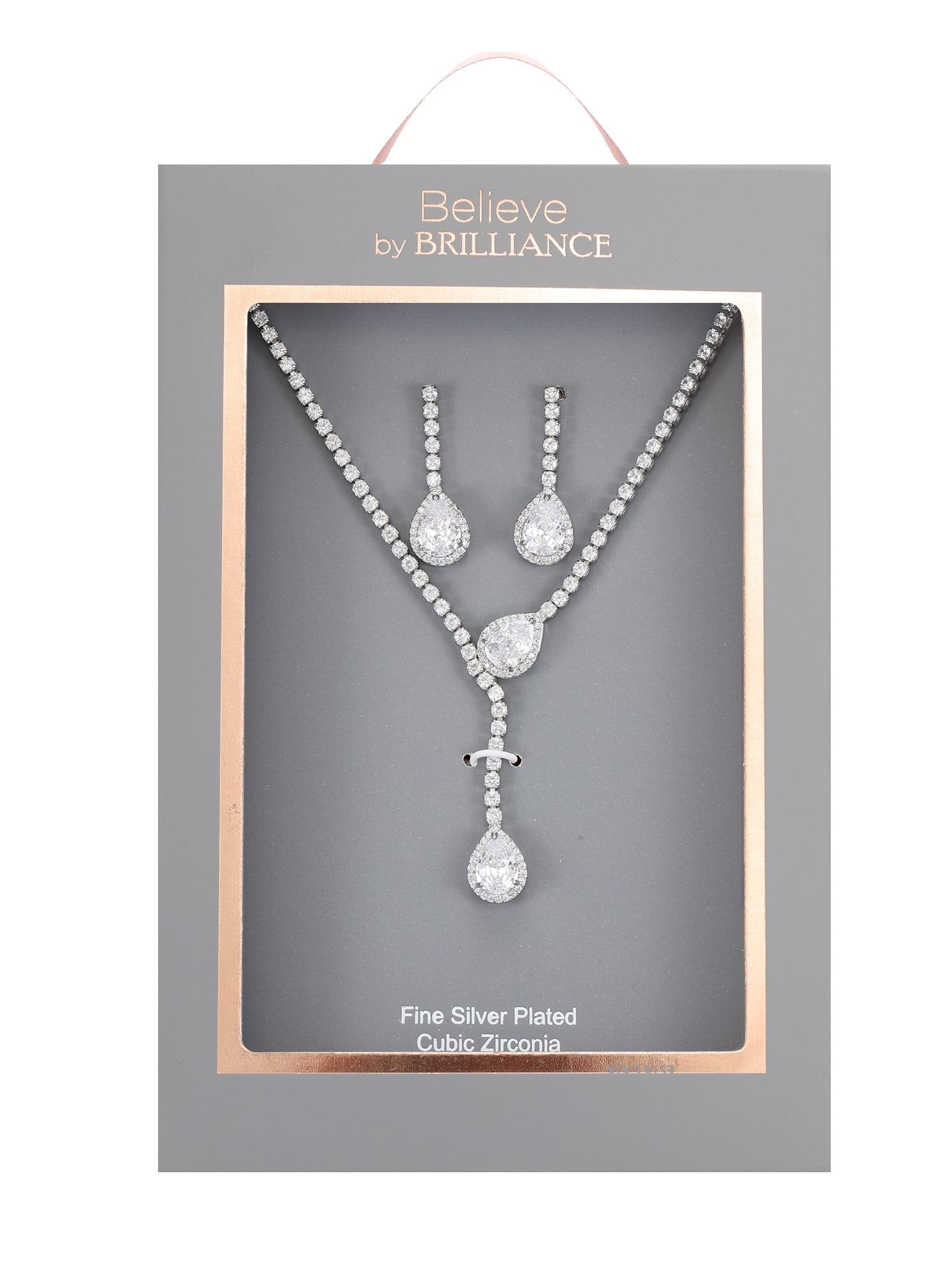 Believe by Brilliance Fine Silver Plated Earring and Necklace Set with Genuine CZ, 1 Piece/1 Pair