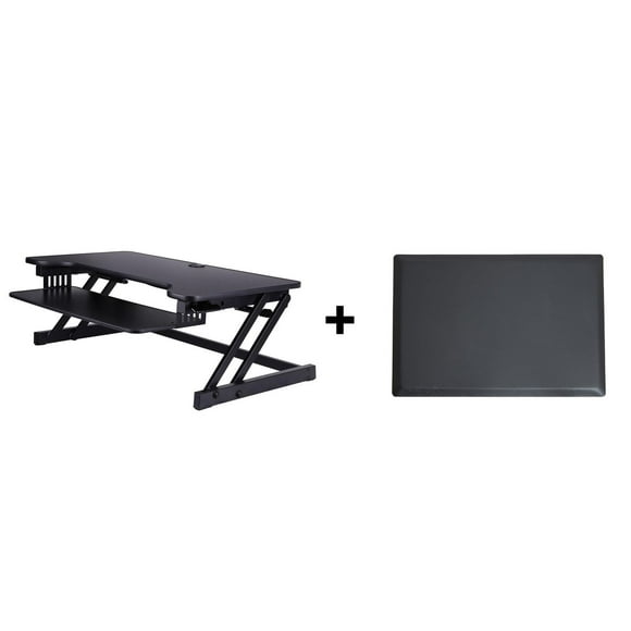 Rocelco 37.5" Deluxe Height Adjustable Standing Desk Converter with Anti Fatigue Mat BUNDLE - Quick Sit Stand Up Computer Workstation Riser - Large Retractable Keyboard Tray (Black)